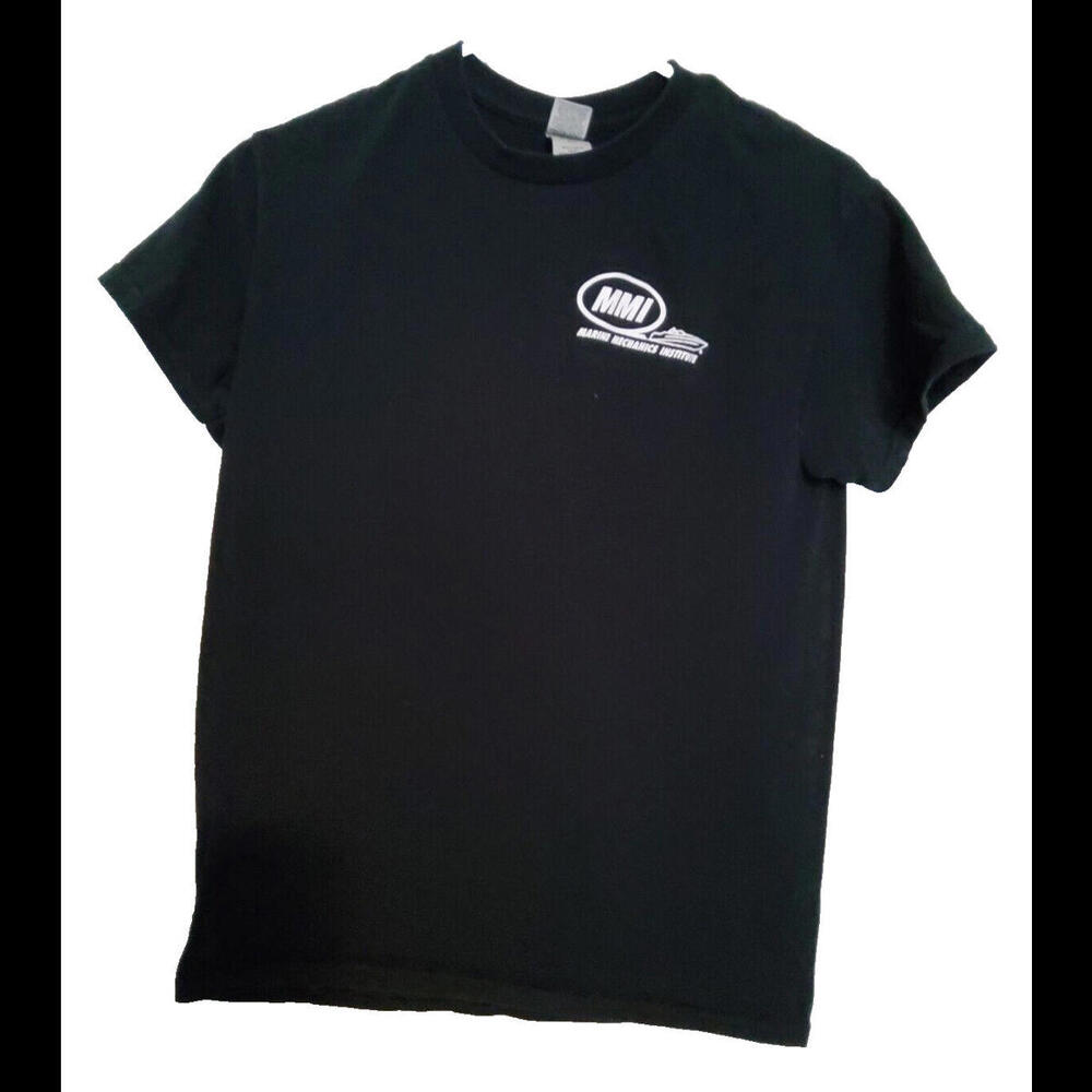 Gilden Men's Black T-Shirt MMI Marine Mechanics Insstitute Boat Logo Small